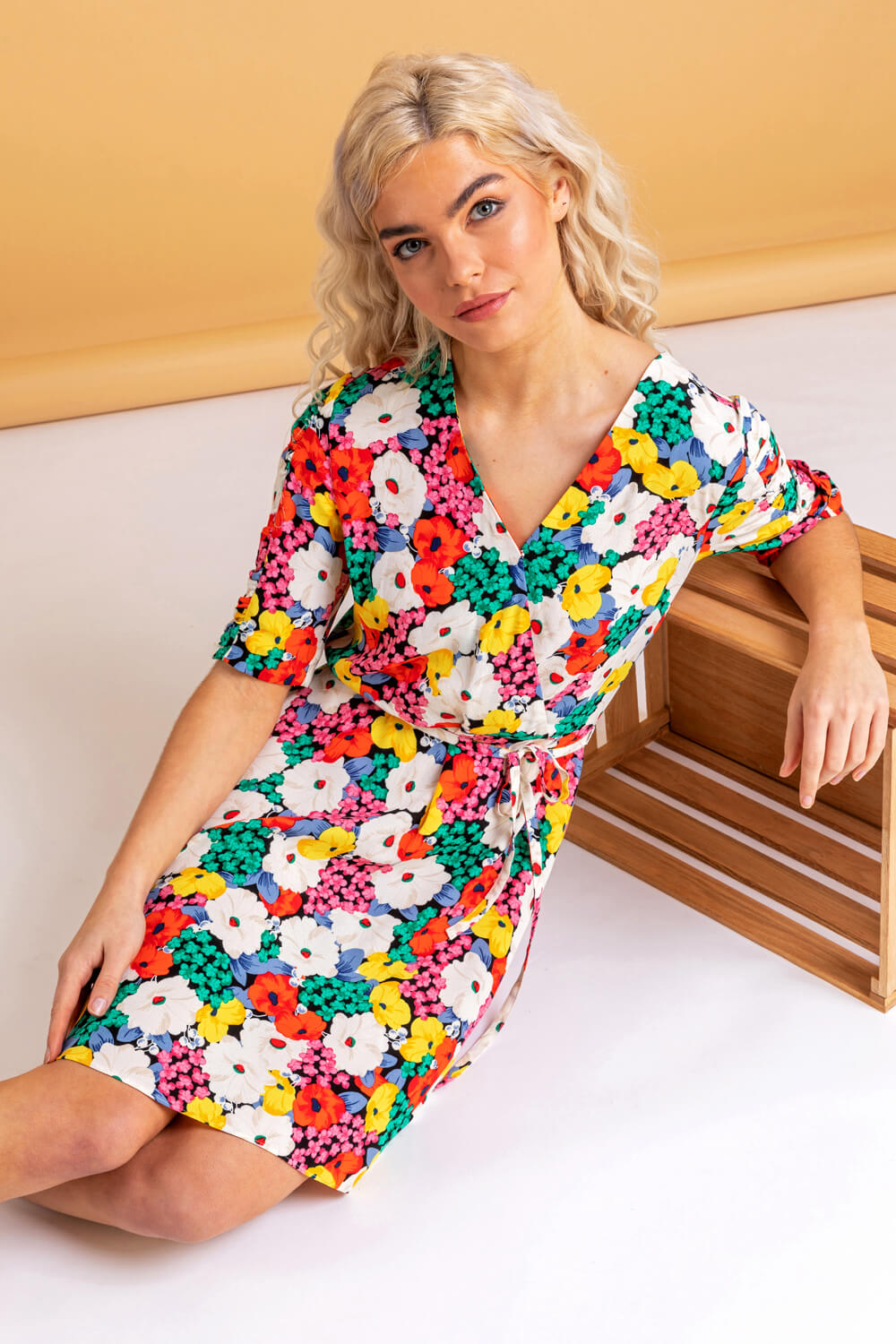 Multi  Bold Floral Wrap Dress, Image 1 of 4