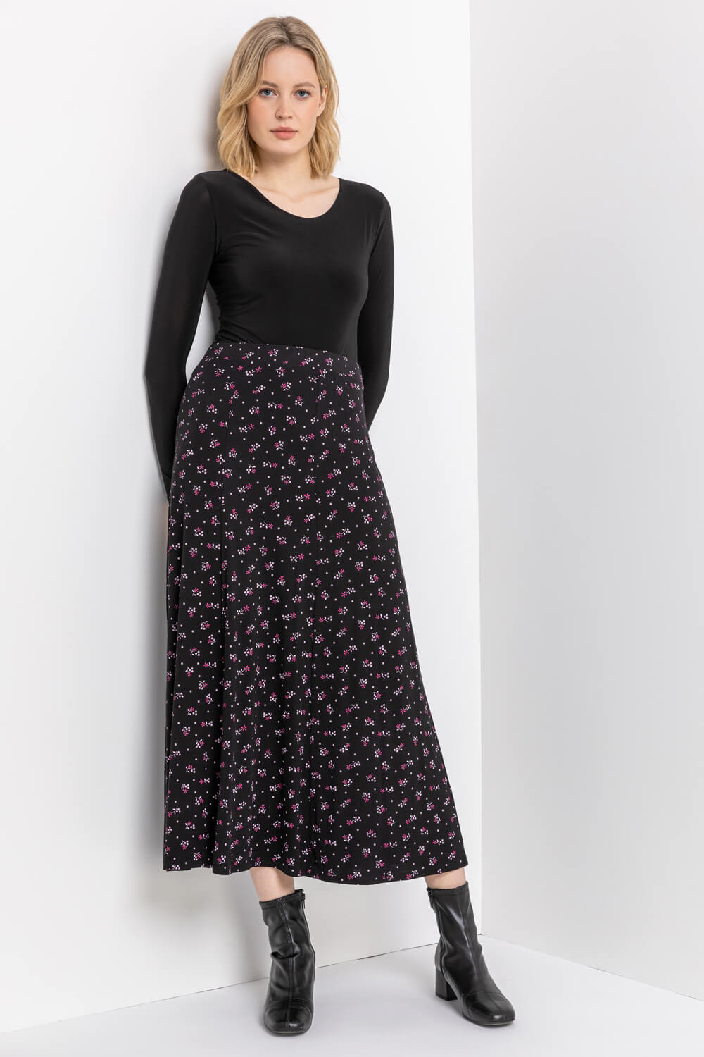 Floral Print Jersey Midi Skirt