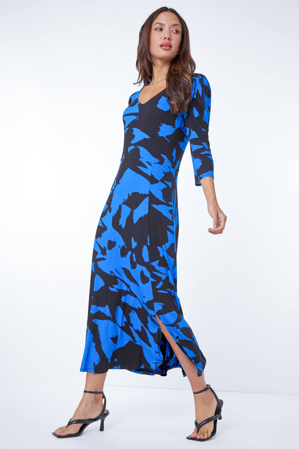 Royal Blue Contrast Abstract Print Midi Dress, Image 2 of 5