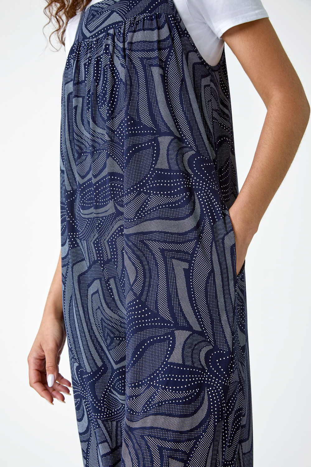 Navy  Abstract Print Pocket Stretch Jumpsuit, Image 5 of 5