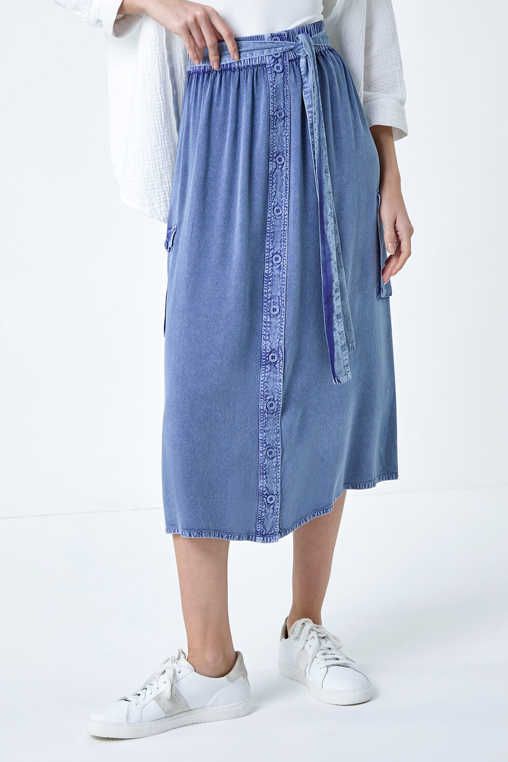 Denim Elastic Waist Button Front Pocket A Line Skirt, Image 4 of 5