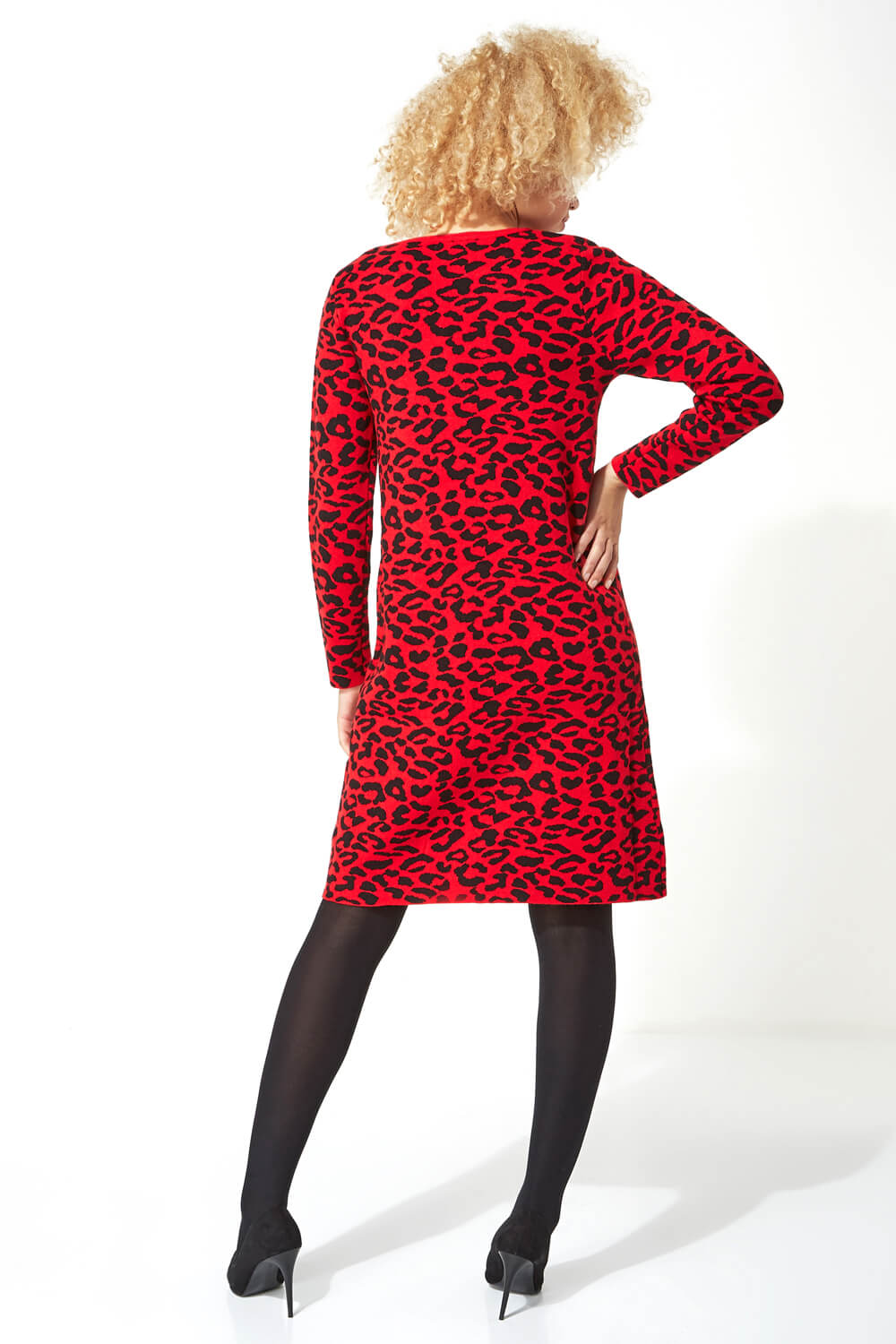 Animal Print Long Sleeve Knitted Dress in Red Roman Originals UK