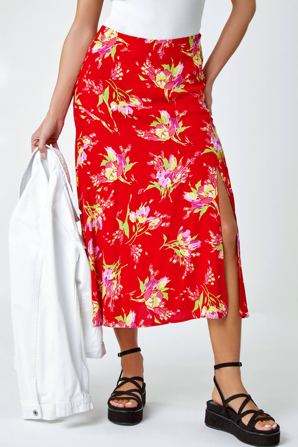 Red Floral Asymmetric Frill Midi Skirt, Image 3 of 5