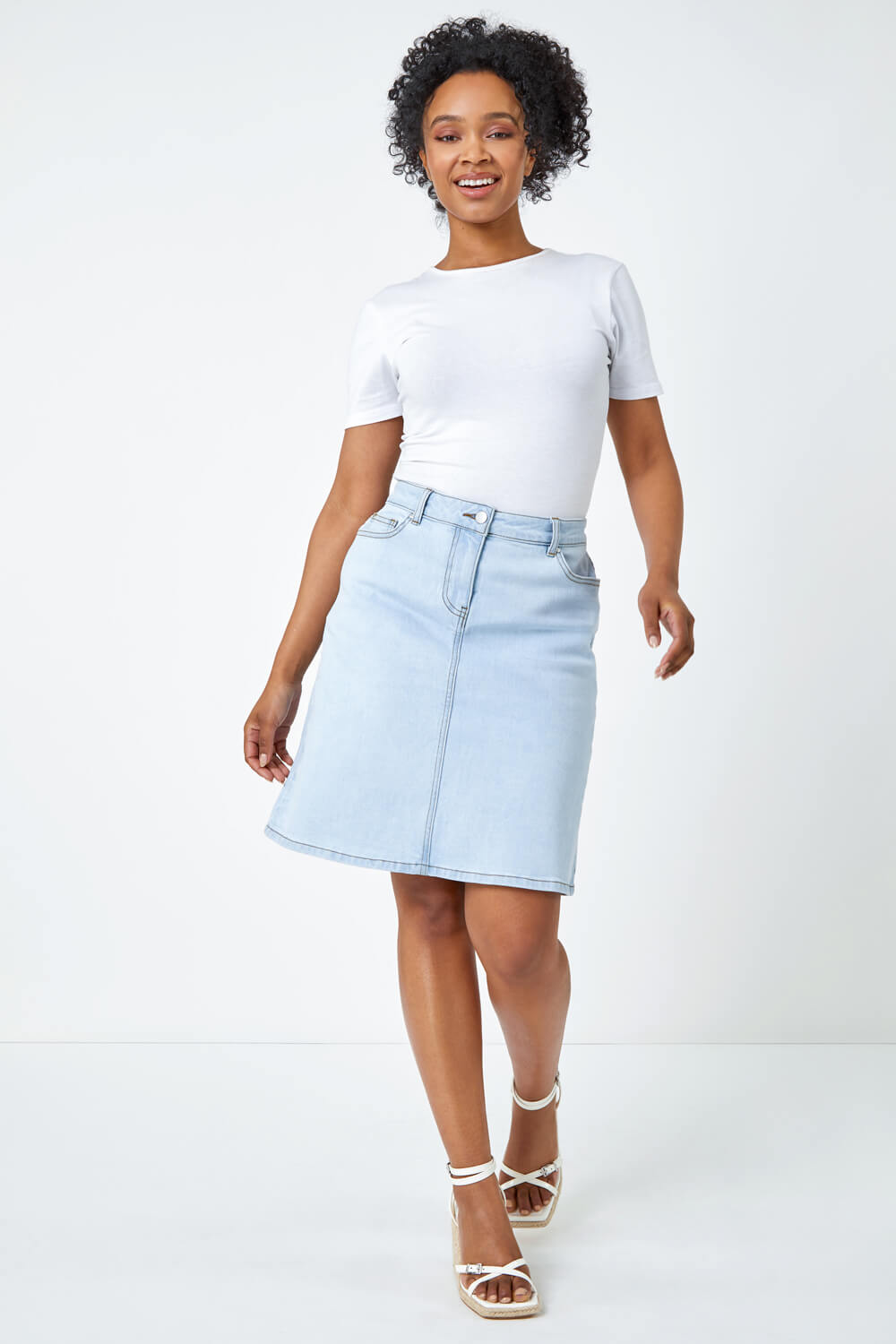 Light Denim Petite Denim A-Line Skirt, Image 4 of 5