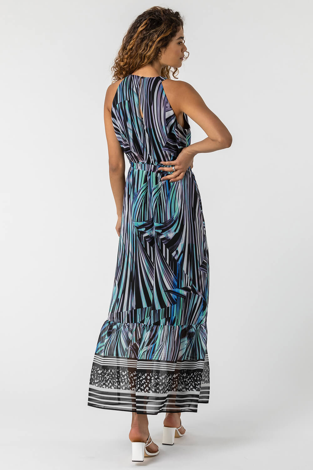 Abstract Stripe Print Halterneck Dress in Blue - Roman Originals UK