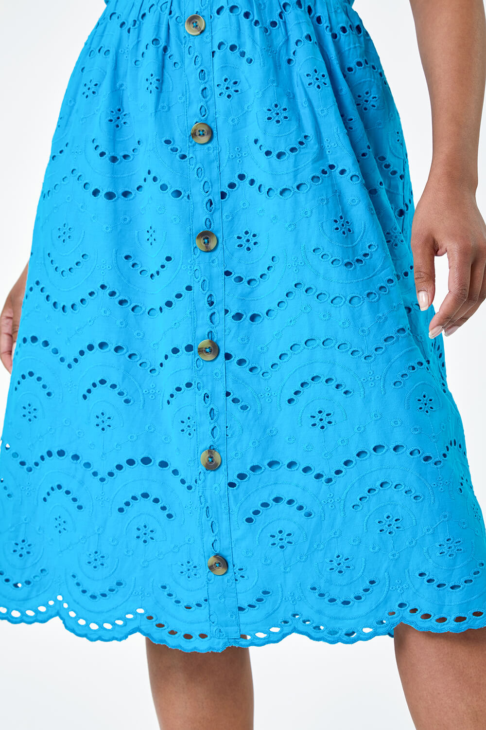 Turquoise Petite Cotton Broderie Button Dress, Image 5 of 5