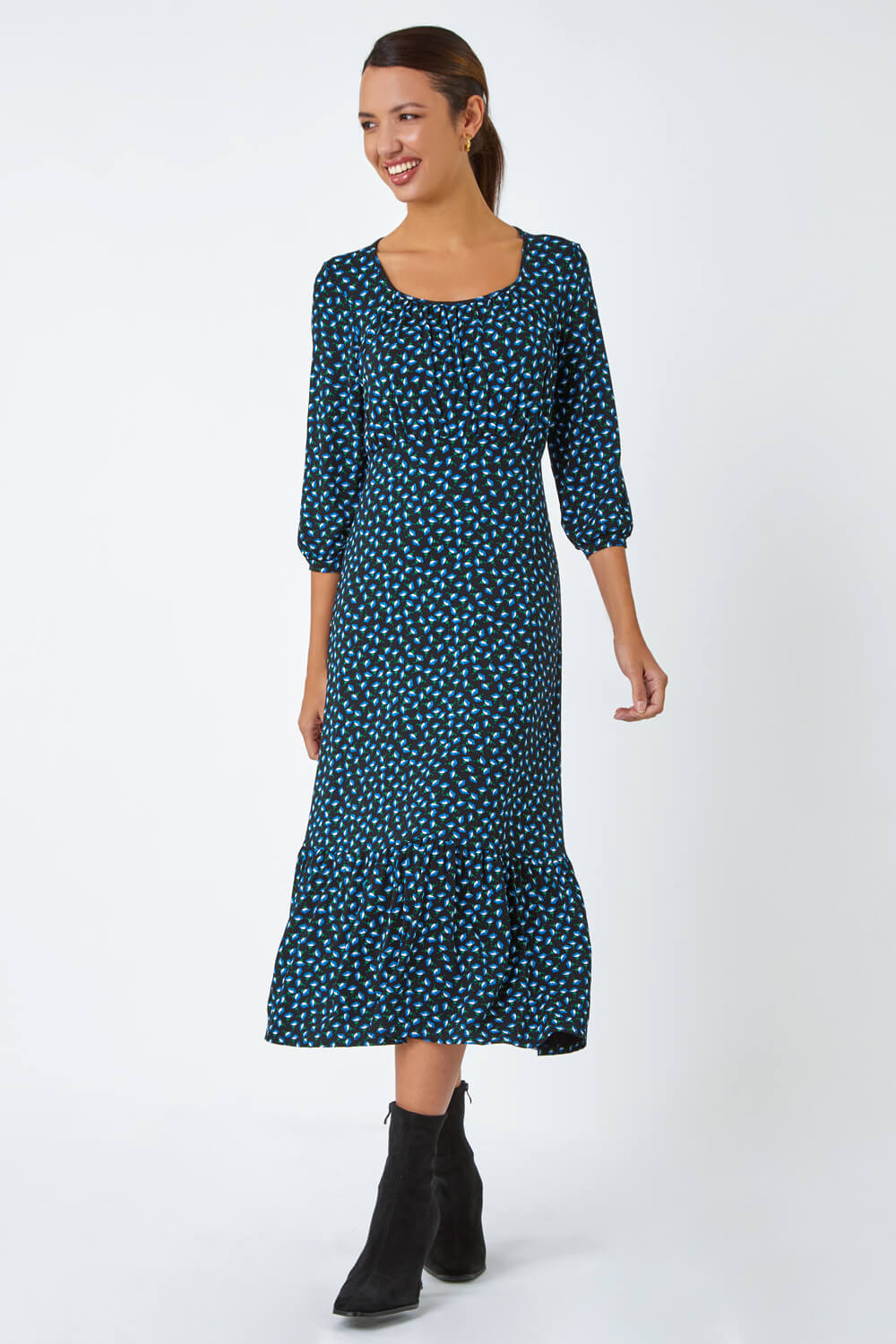Blue Ditsy Floral Frill Stretch Midi Dress, Image 2 of 5
