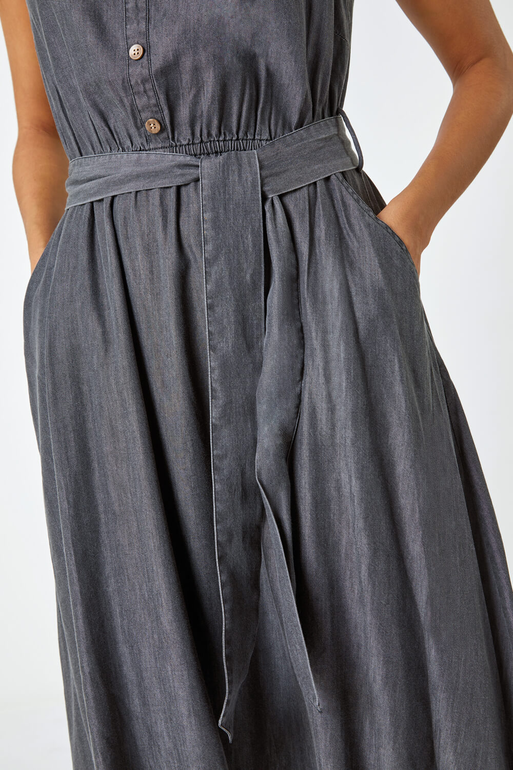 Dark Grey Sleeveless Belted Cotton Dress, Image 5 of 5