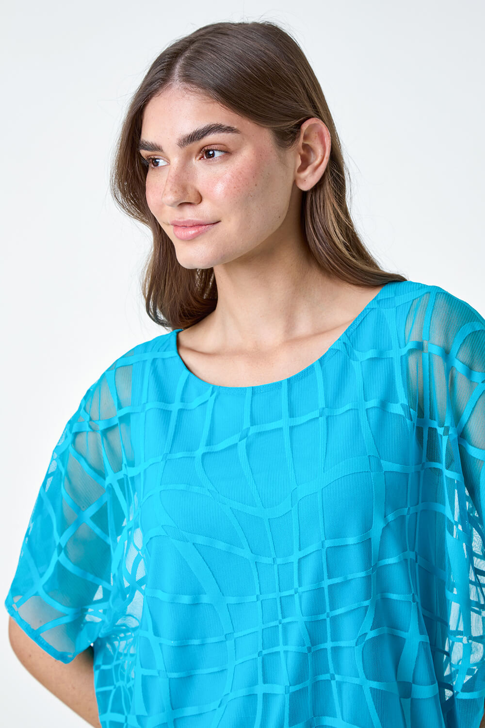Turquoise Abstract Check Print Blouson Top, Image 4 of 5