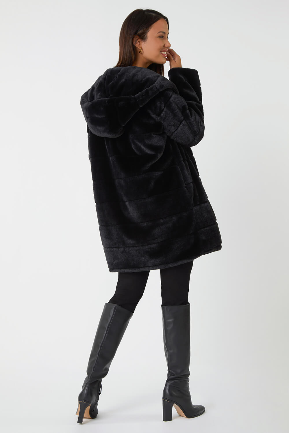 Black Faux Fur Hooded Longline Coat, Image 3 of 6