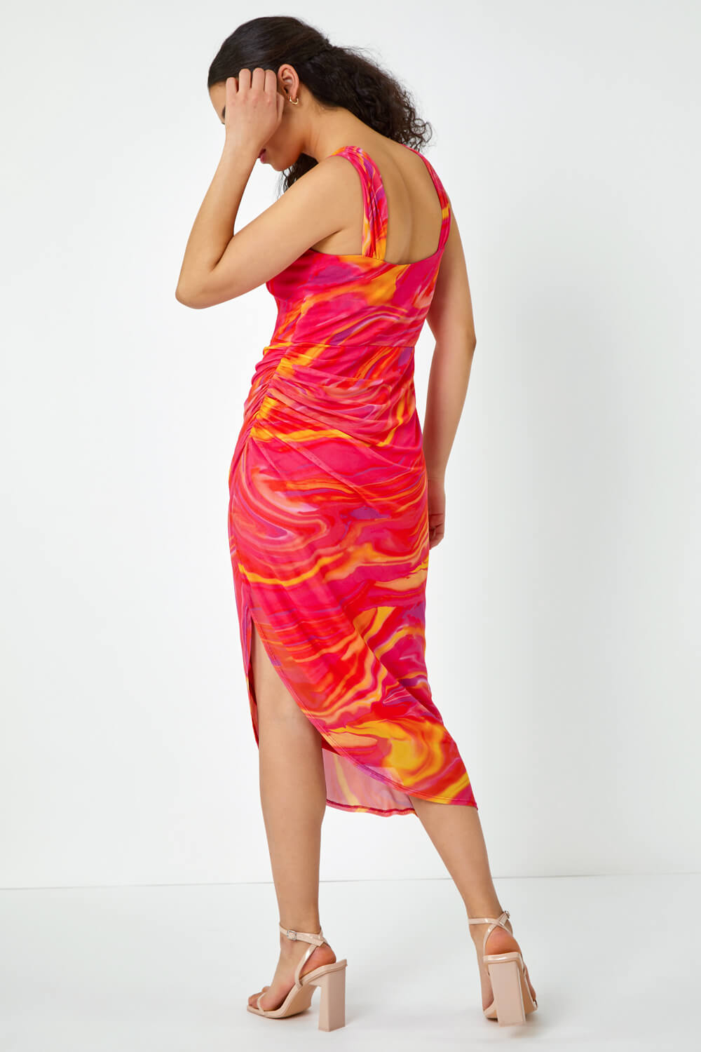 PINK Swirl Print Ruched Stretch Dress, Image 3 of 5