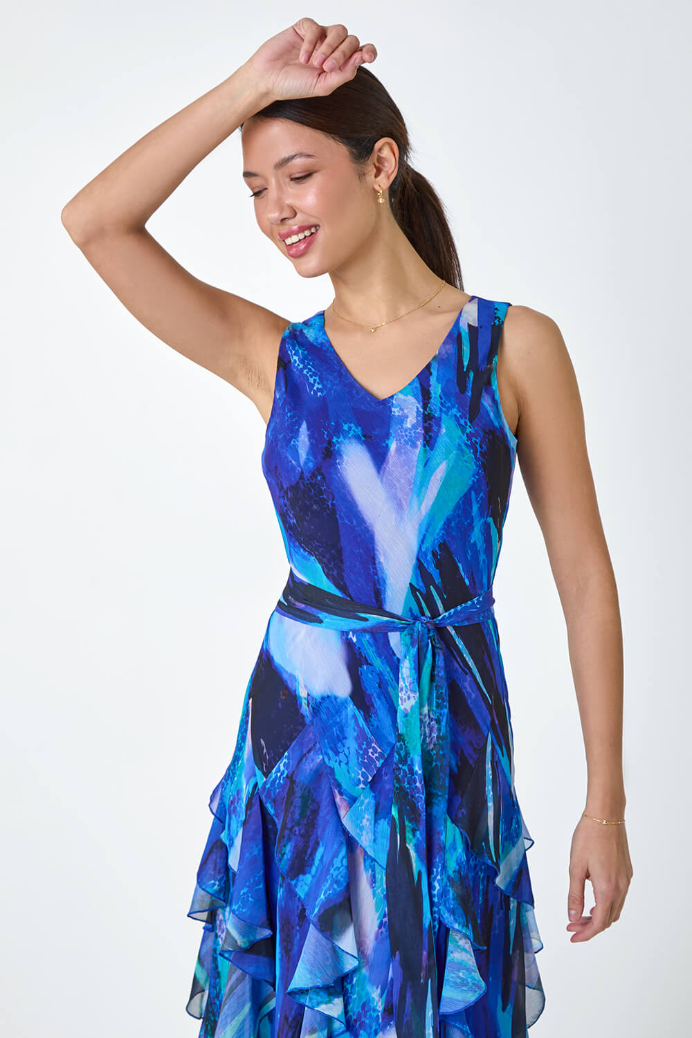 Blue Abstract Print Frill Detail Dress, Image 4 of 5