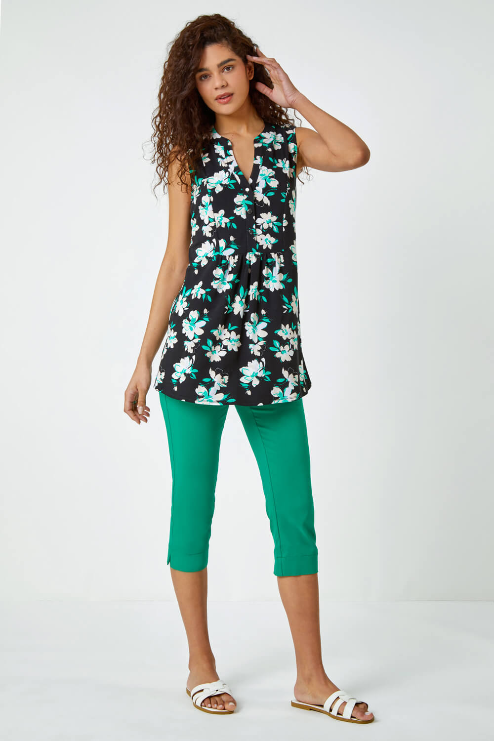 Green Sleeveless Floral Print Smock Top, Image 2 of 5