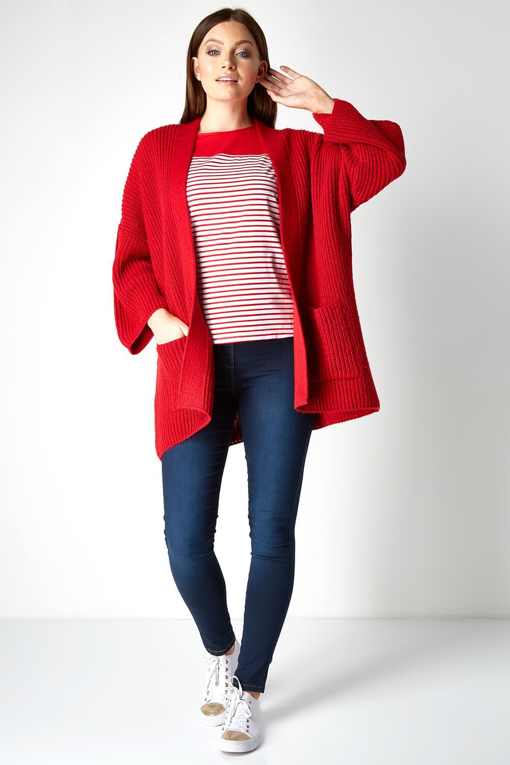 Red Ribbed Knit Cardigan, Image 3 of 4