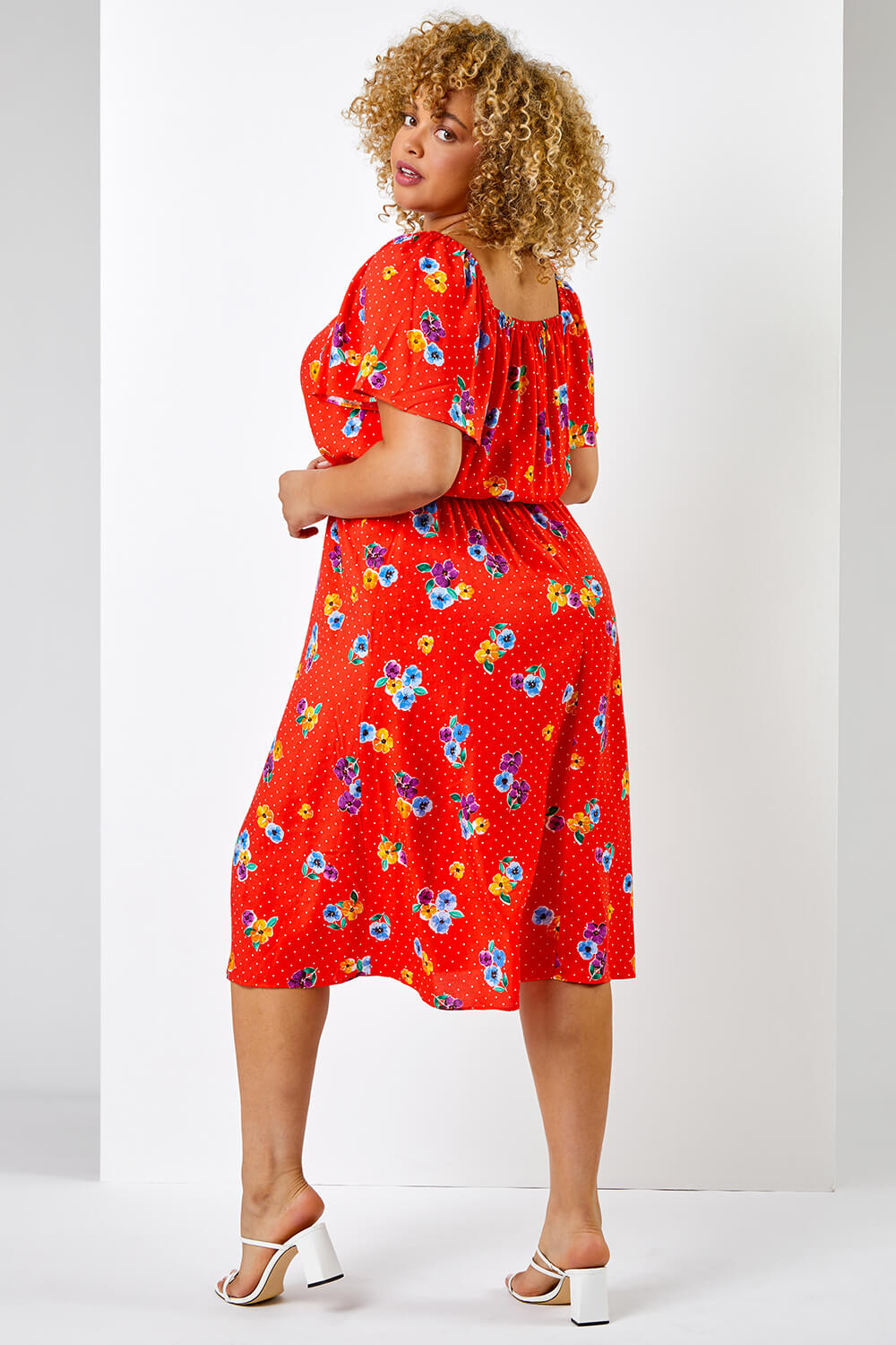 Red Curve Spot Floral Print Sweetheart Midi Dress, Image 2 of 5