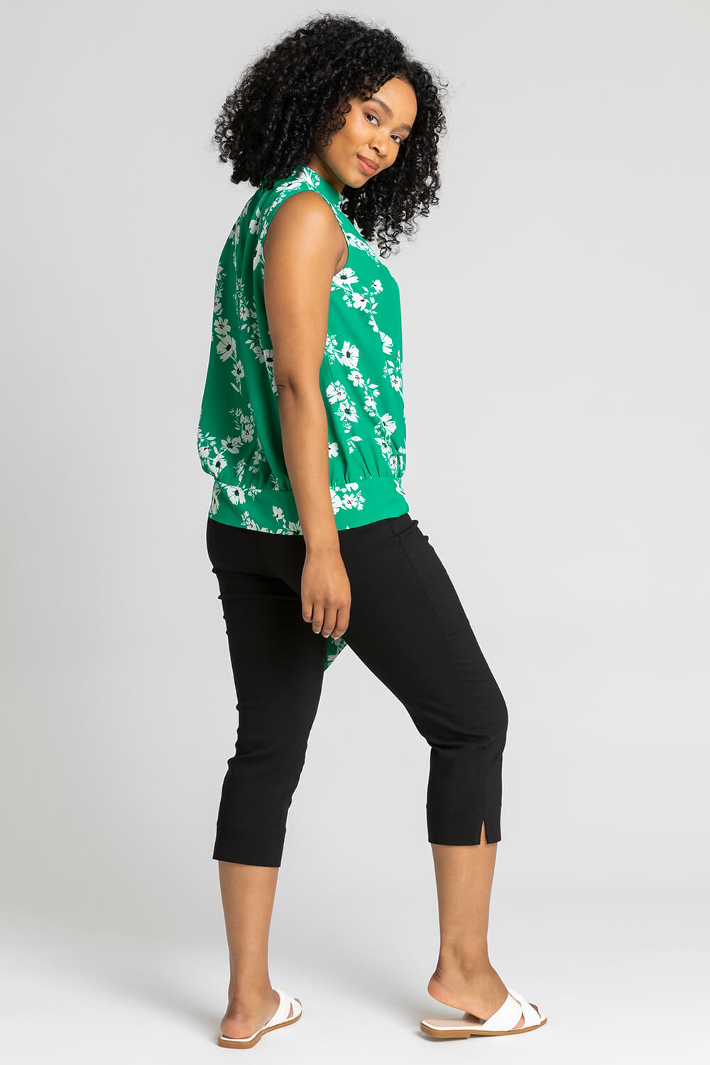 Green Petite Floral Print High Neck Tie Top, Image 2 of 5