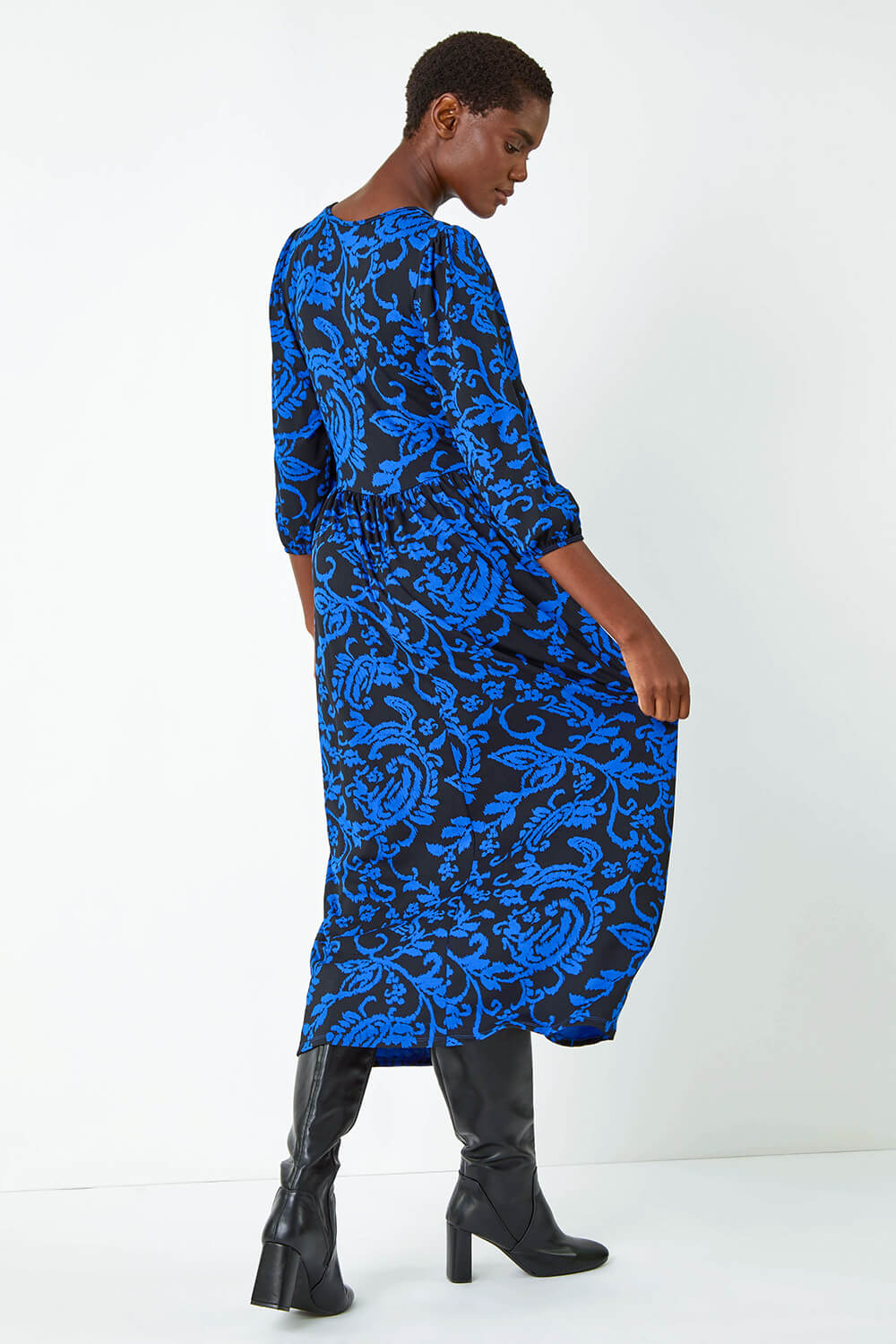 Blue Paisley Print Pocket Midi Stretch Dress, Image 3 of 5