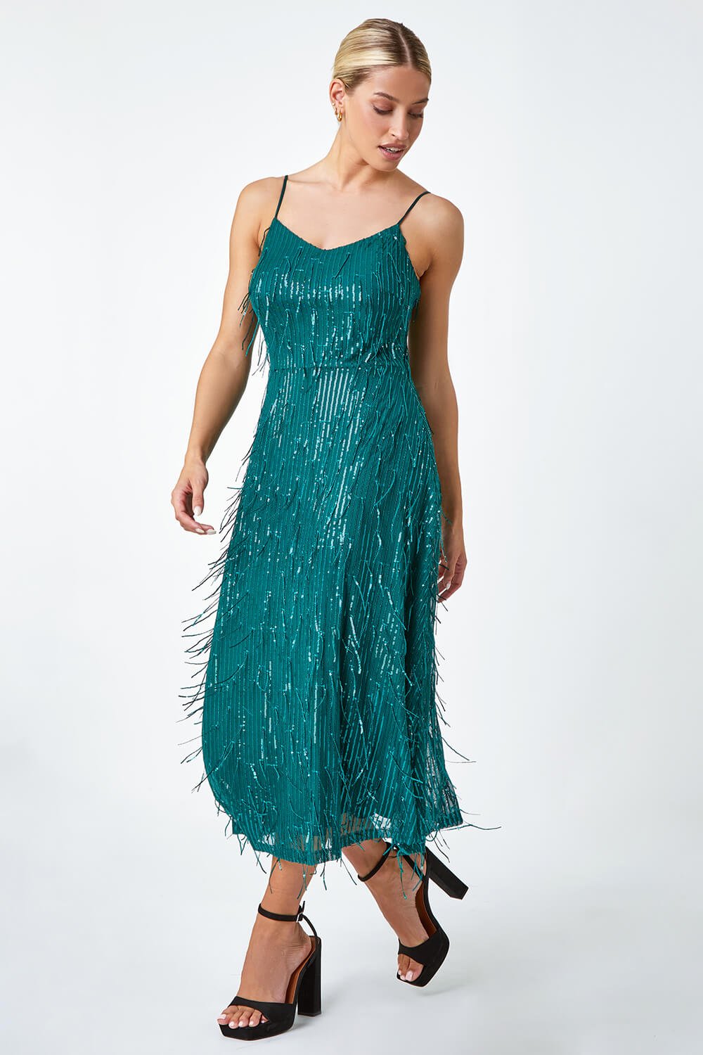 Green Sequin Tassel Midi Stretch Dress | Roman UK