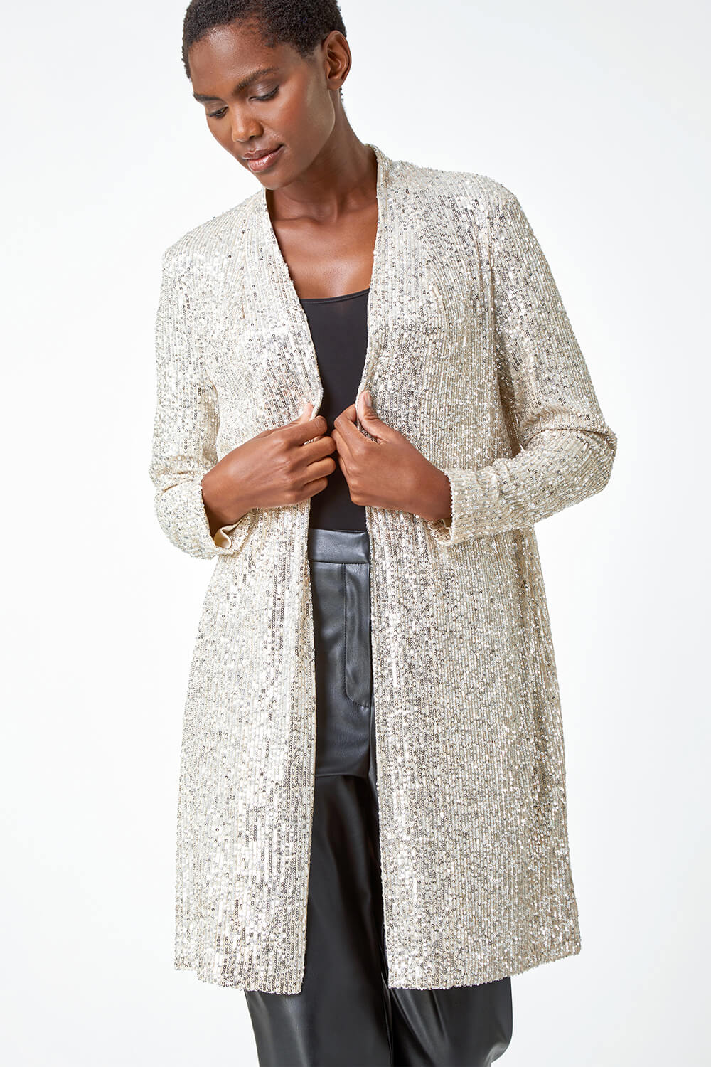 Silver Longline Sequin Stretch Jacket, Image 2 of 5