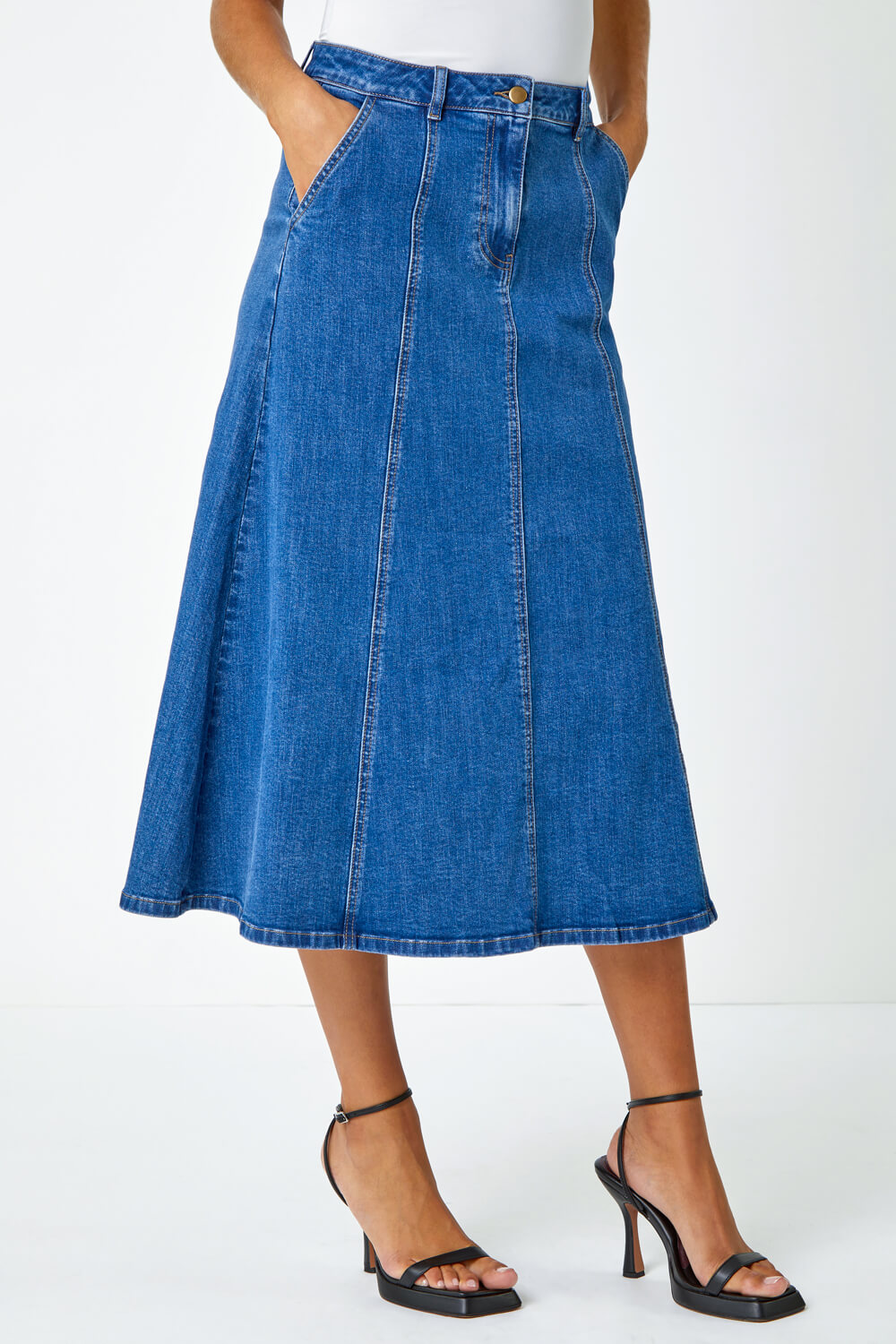 Denim Cotton Denim Panelled Midi Skirt , Image 4 of 5
