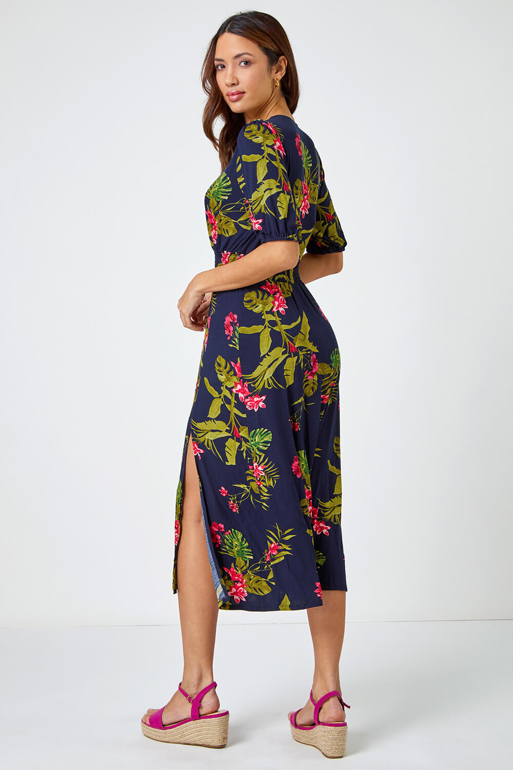 PINK Tropical Print Stretch Midi Dress, Image 3 of 5