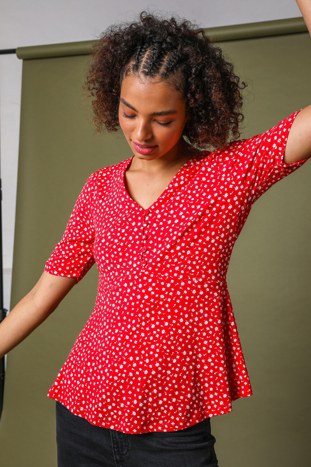Red Ditsy Floral Print V-Neck Top, Image 3 of 5