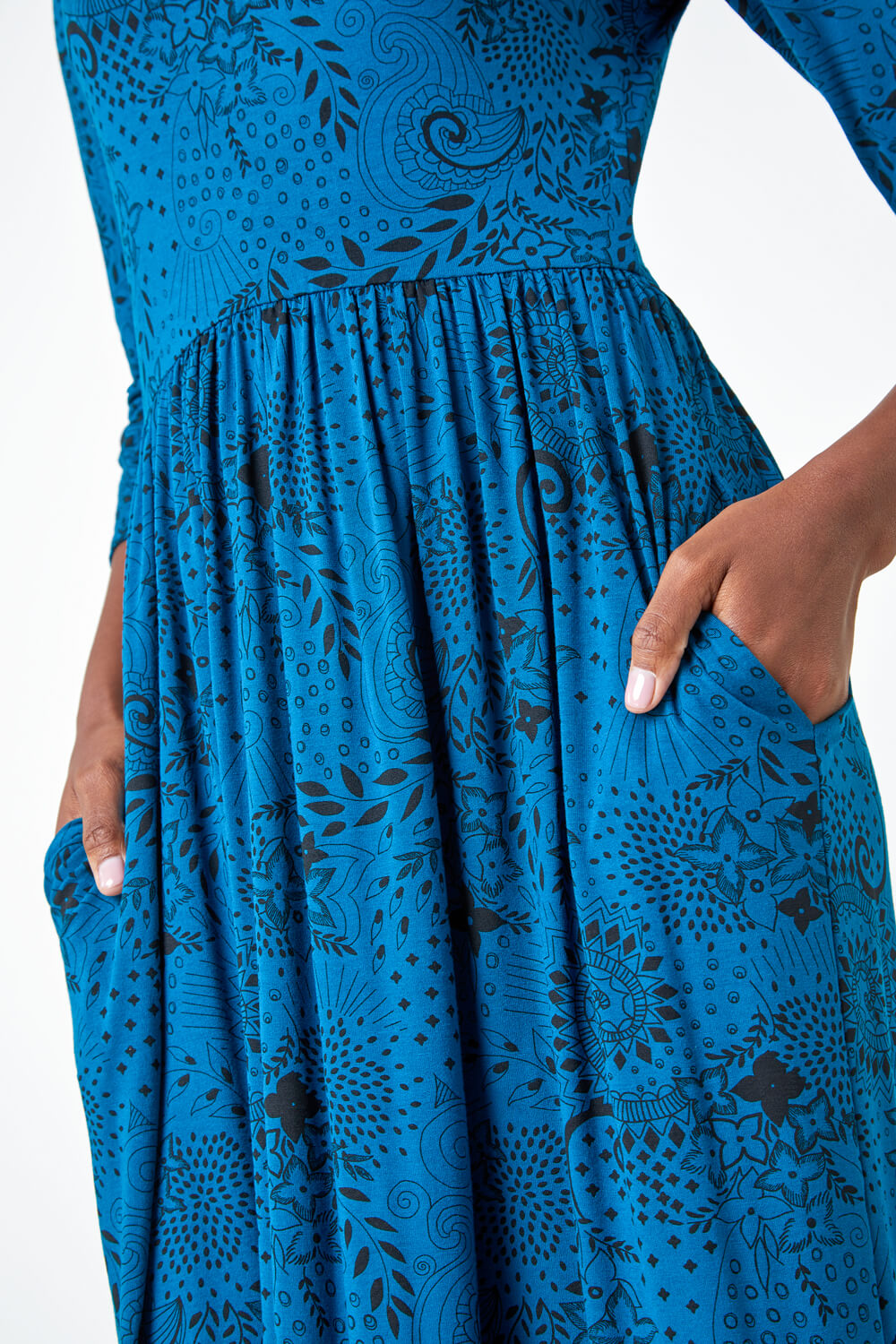 Teal Paisley Print Midi Stretch Dress , Image 5 of 5