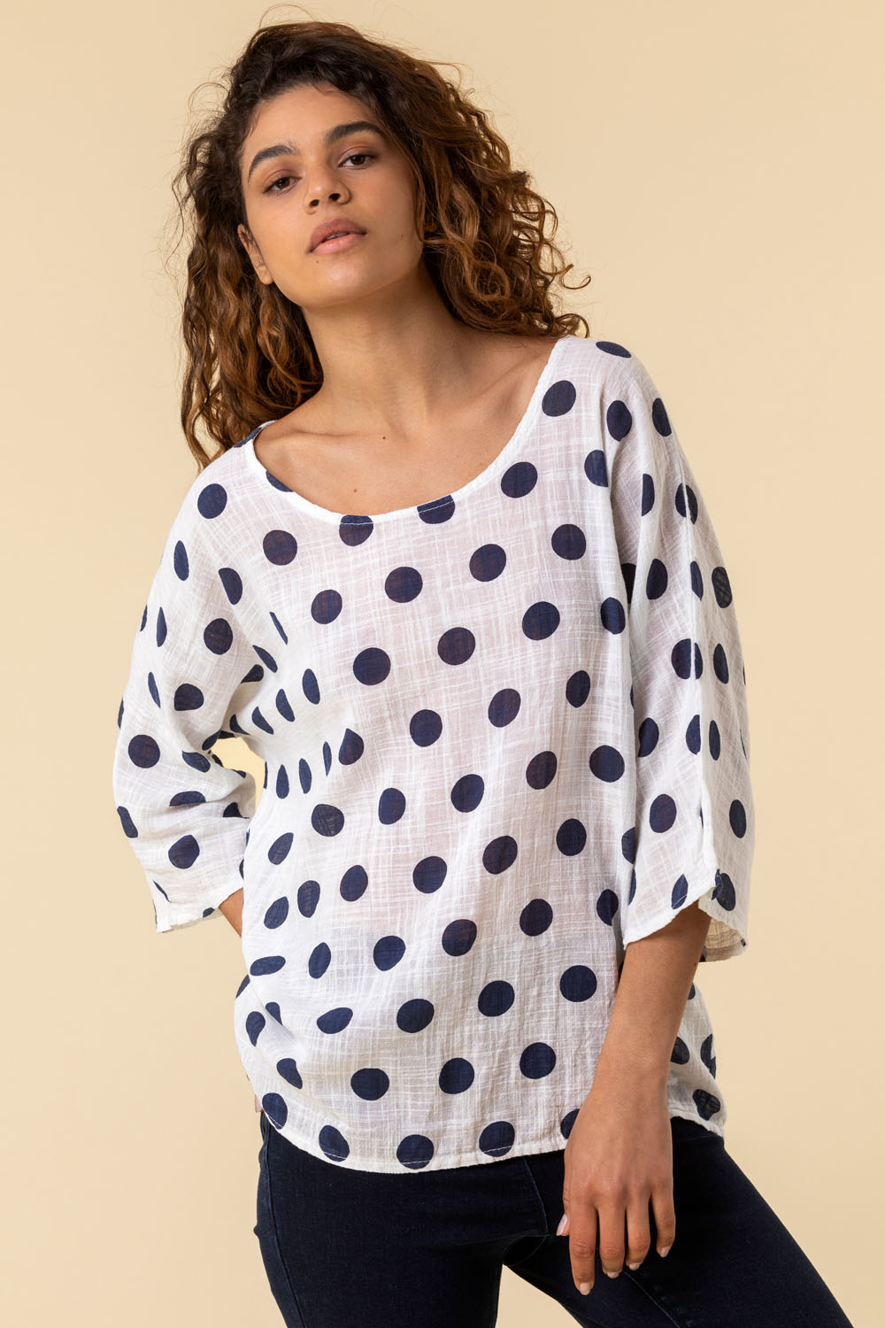 Ivory  Spot Print 3/4 Sleeve Top, Image 3 of 4