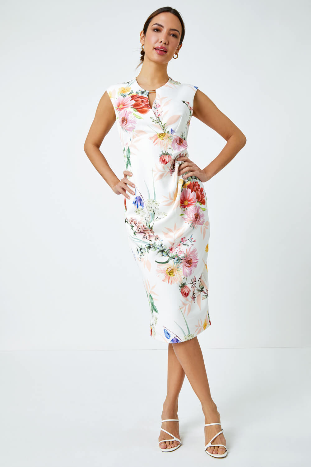Ivory  Floral Print Ruched Midi Dress, Image 2 of 5