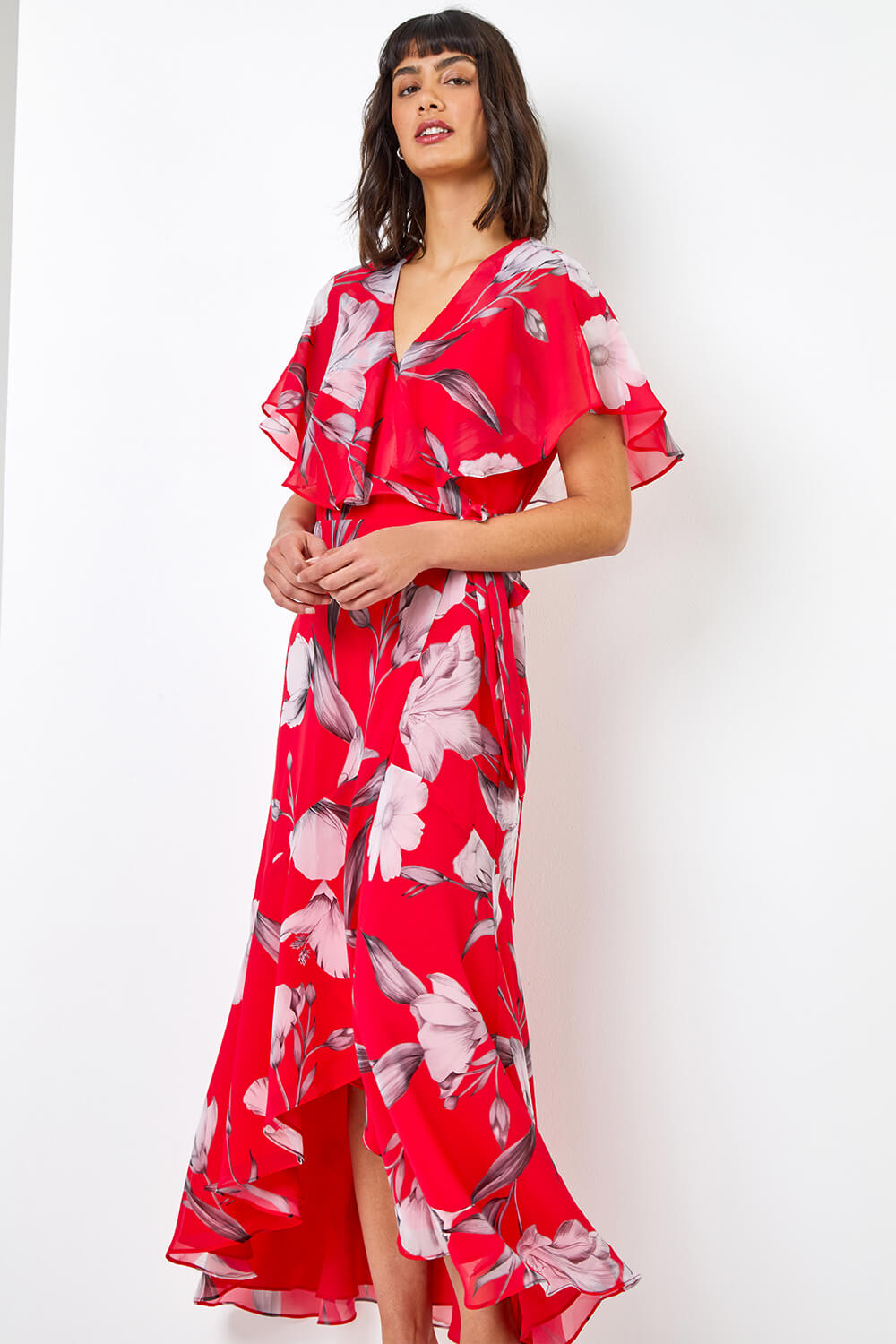 Floral Print Frill Cape Midi Dress