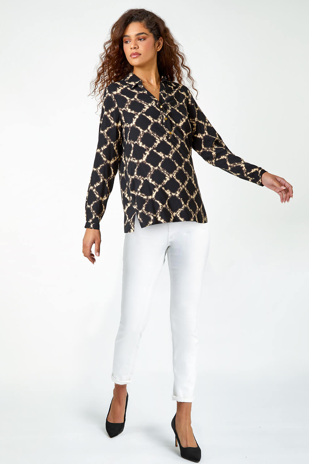 Black Chain Print Collared Top, Image 2 of 5