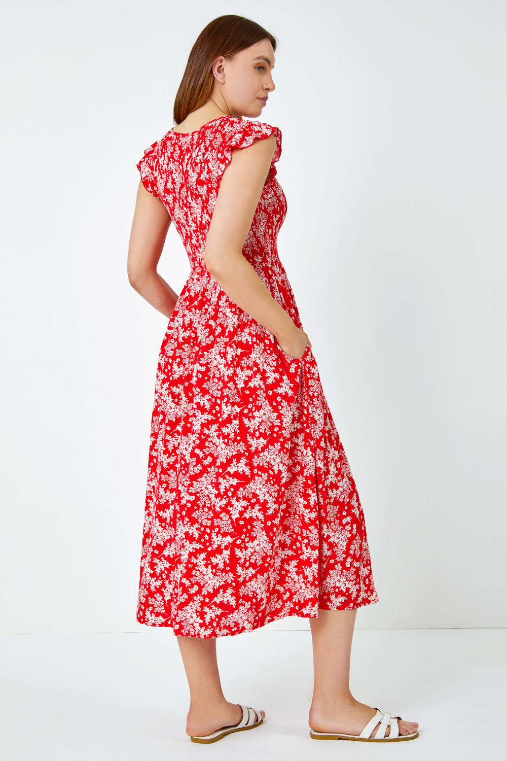 Red Floral Print Shirred Midi Dress, Image 3 of 5