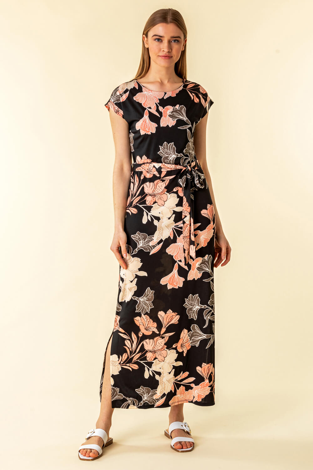 Black Belted Floral Maxi Dress, Image 4 of 4