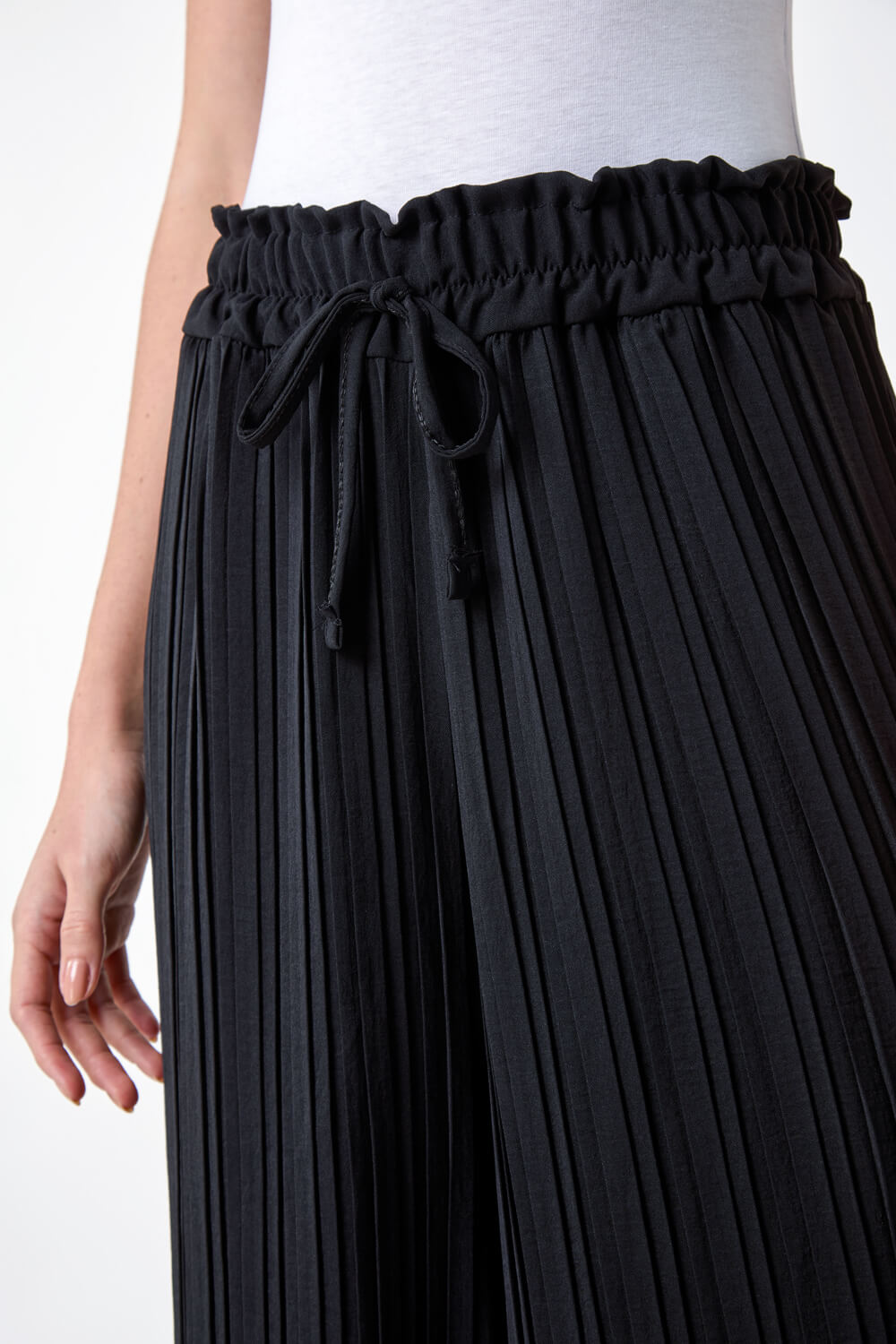 Black Pleated Tie Waist Stretch Trousers, Image 5 of 5