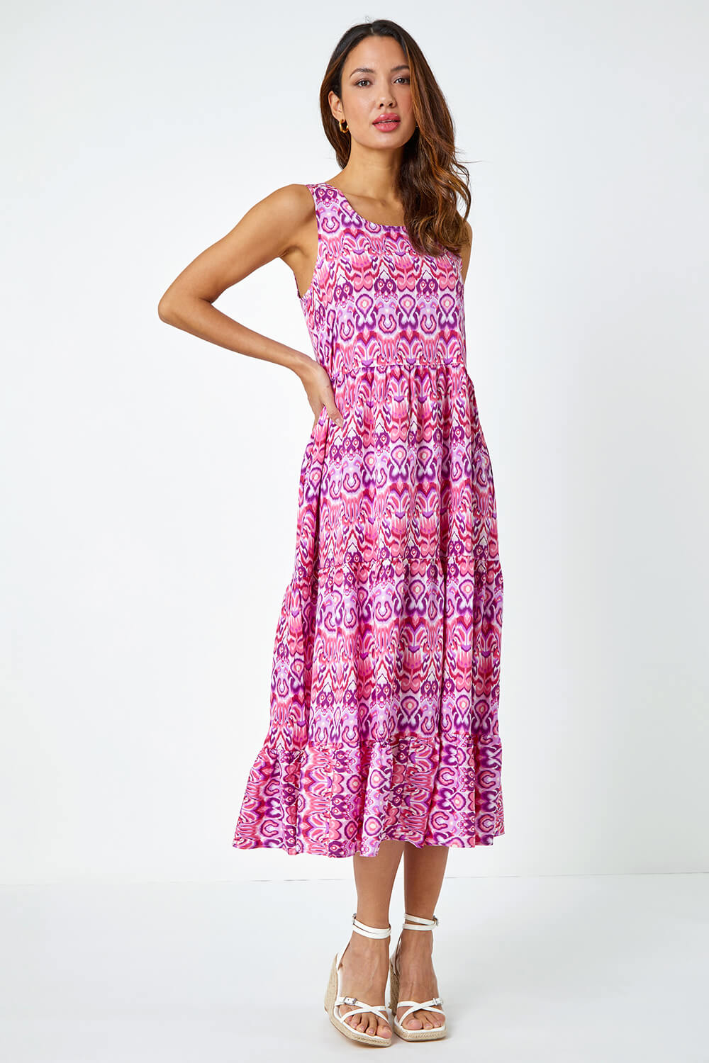Pink Sleeveless Aztec Print Smock Midi Dress | Roman UK