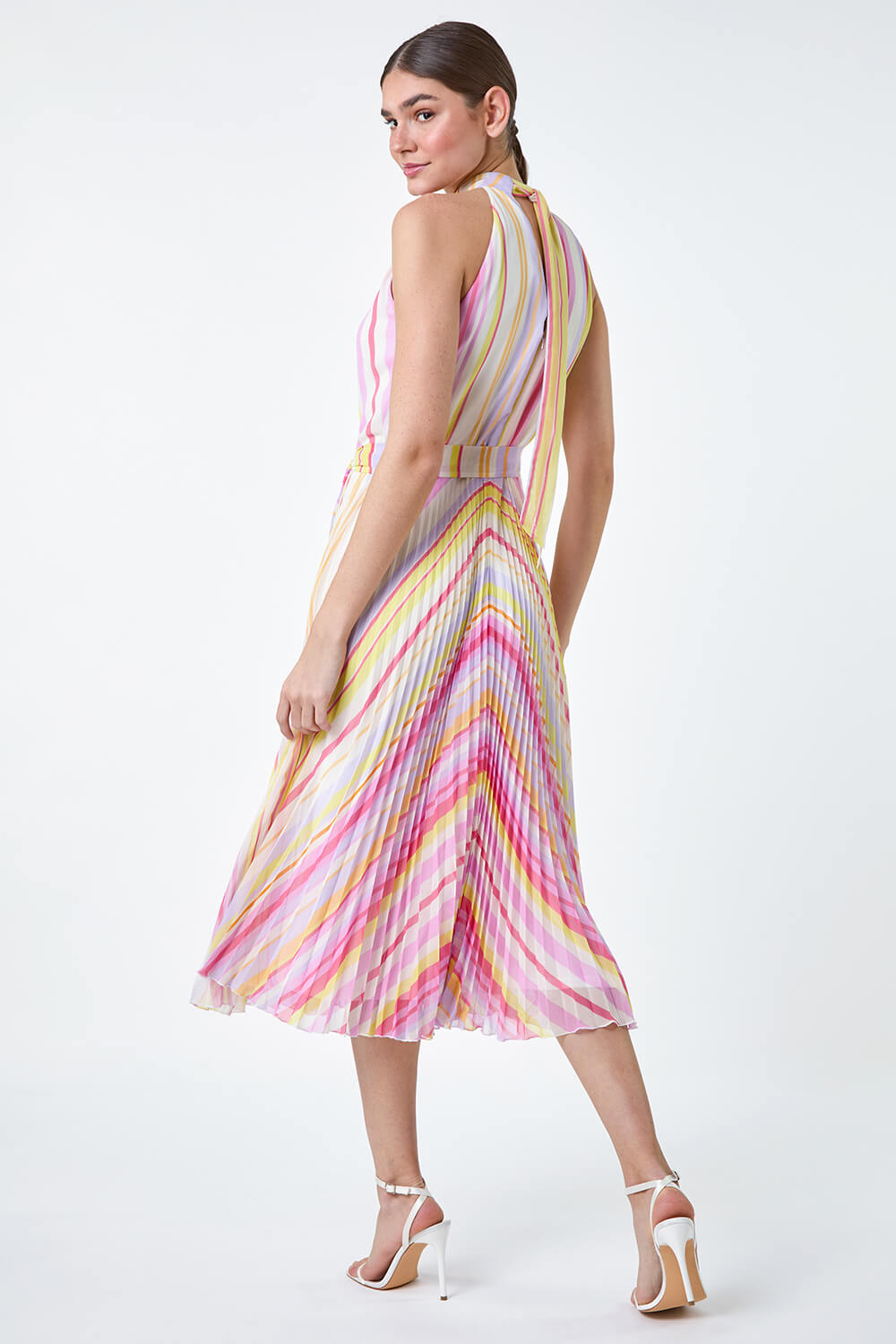 Multi  Stripe Print Pleated Midi Dress, Image 3 of 5