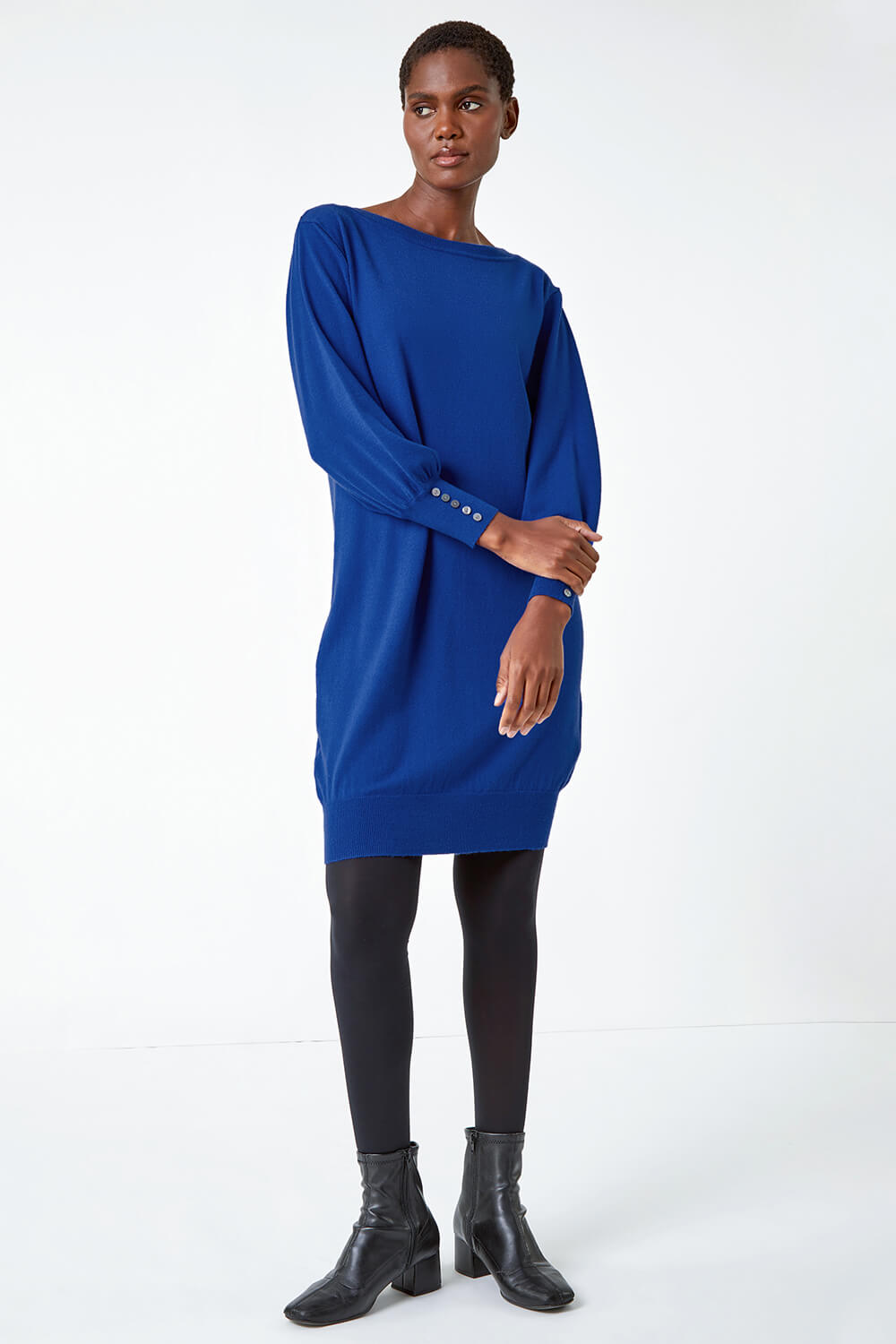 Royal Blue Button Detail Knitted Jumper Dress, Image 2 of 5