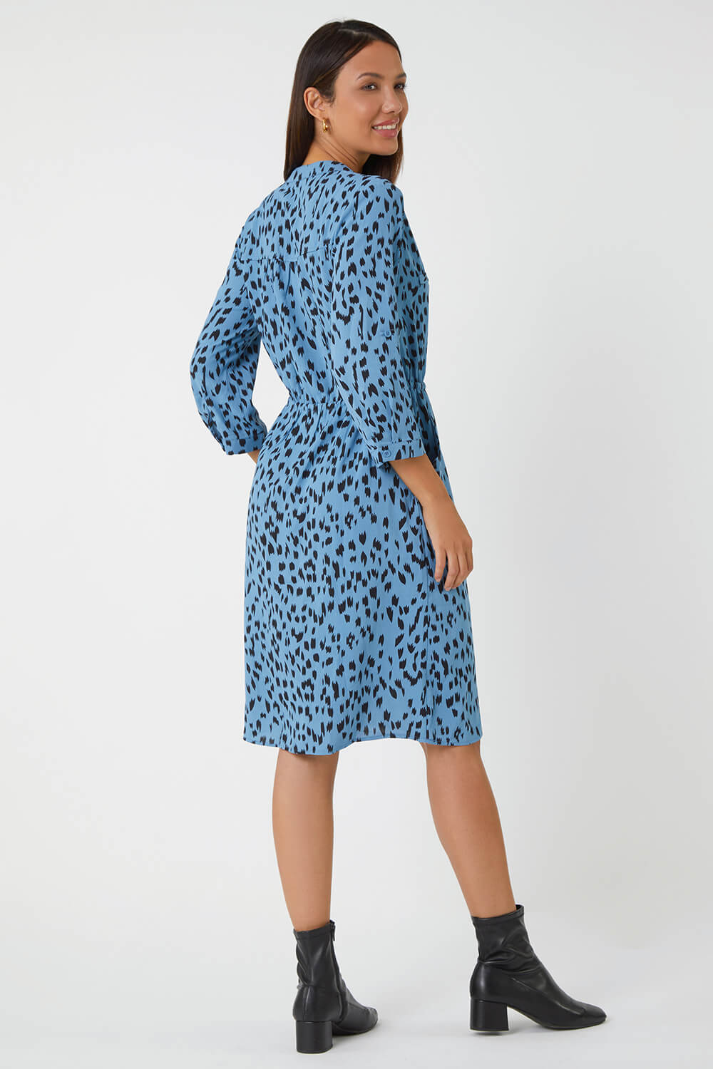 Blue Animal Print Zip Detail Shirt Dress, Image 3 of 5