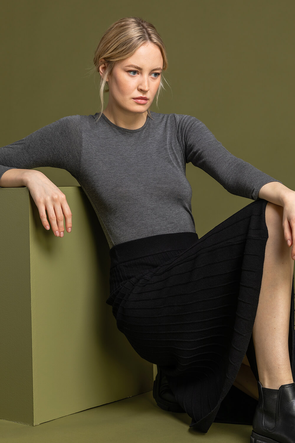 Black Ribbed Knit Pleated Midi Skirt, Image 5 of 5