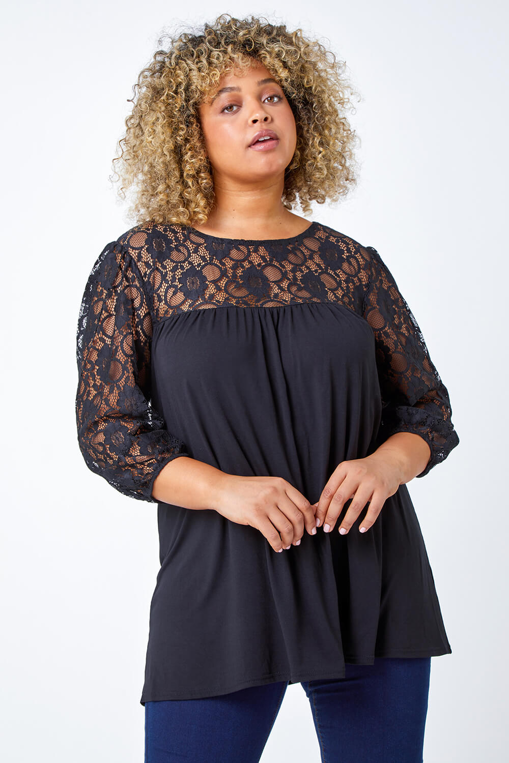 Black Curve Lace Detail Stretch Top, Image 2 of 5