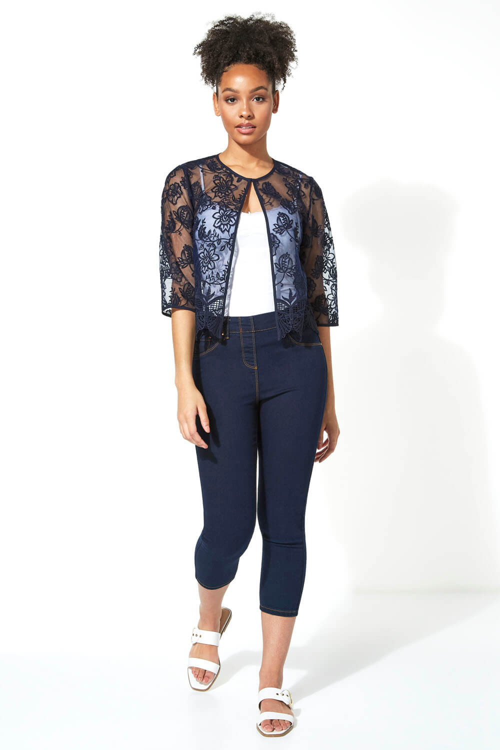 Navy  Short Floral Embroidered Lace Jacket, Image 2 of 5