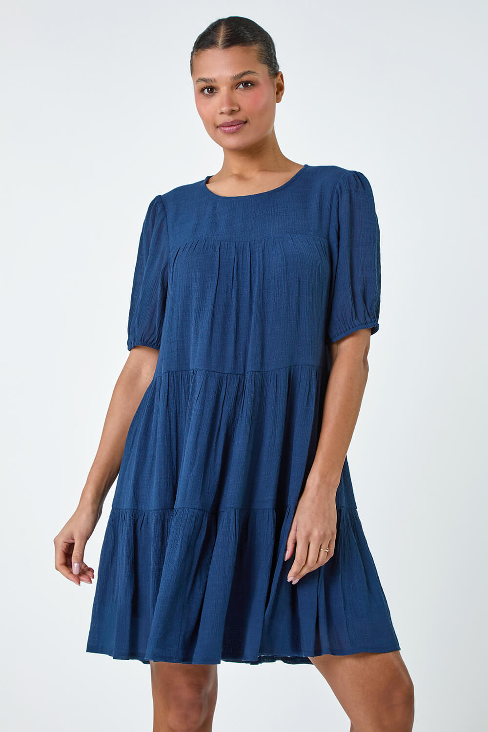 Navy  Textured Tiered Smock Dress, Image 2 of 5