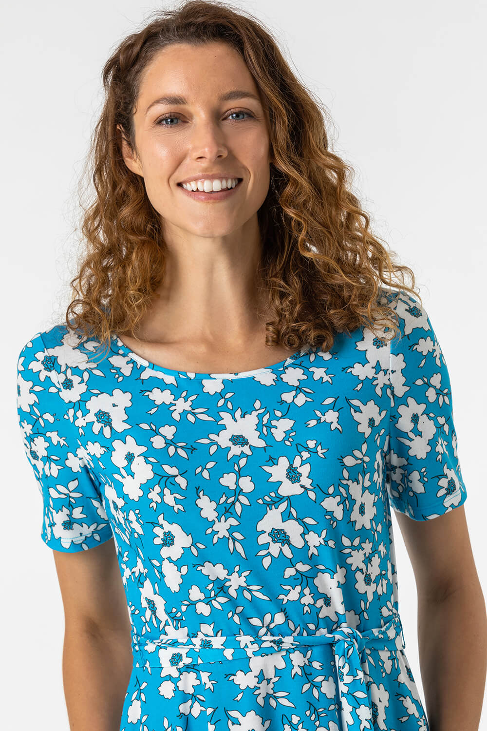 Blue Floral Print Belted Skater Dress , Image 5 of 5