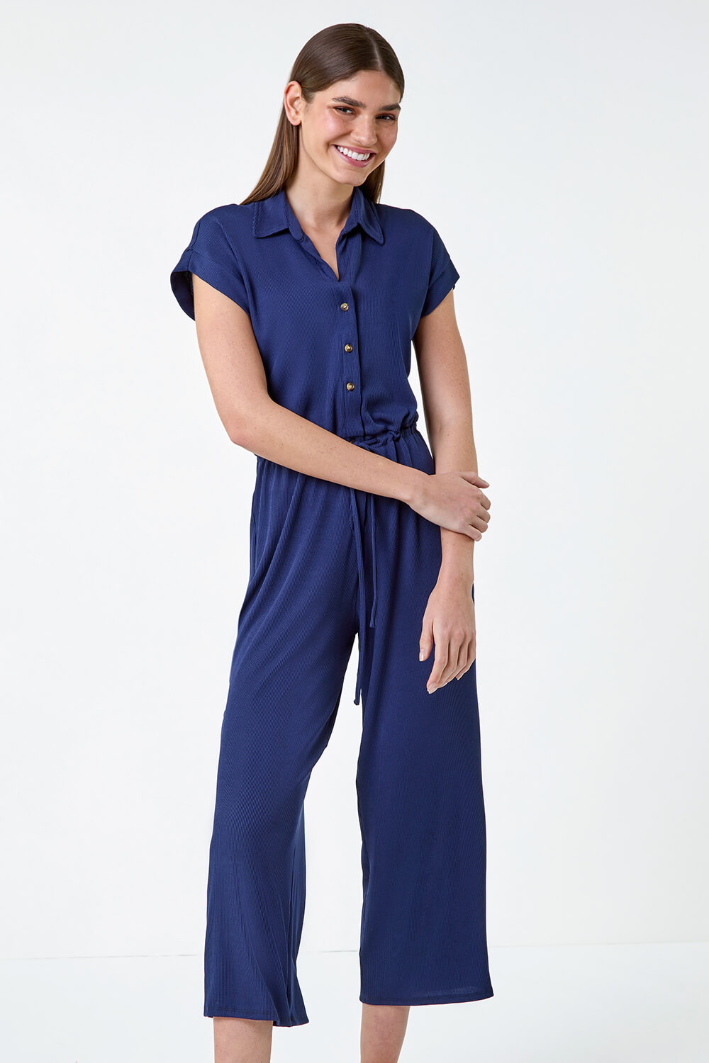 Navy  Plain Ribbed Stretch Jersey Jumpsuit, Image 2 of 5