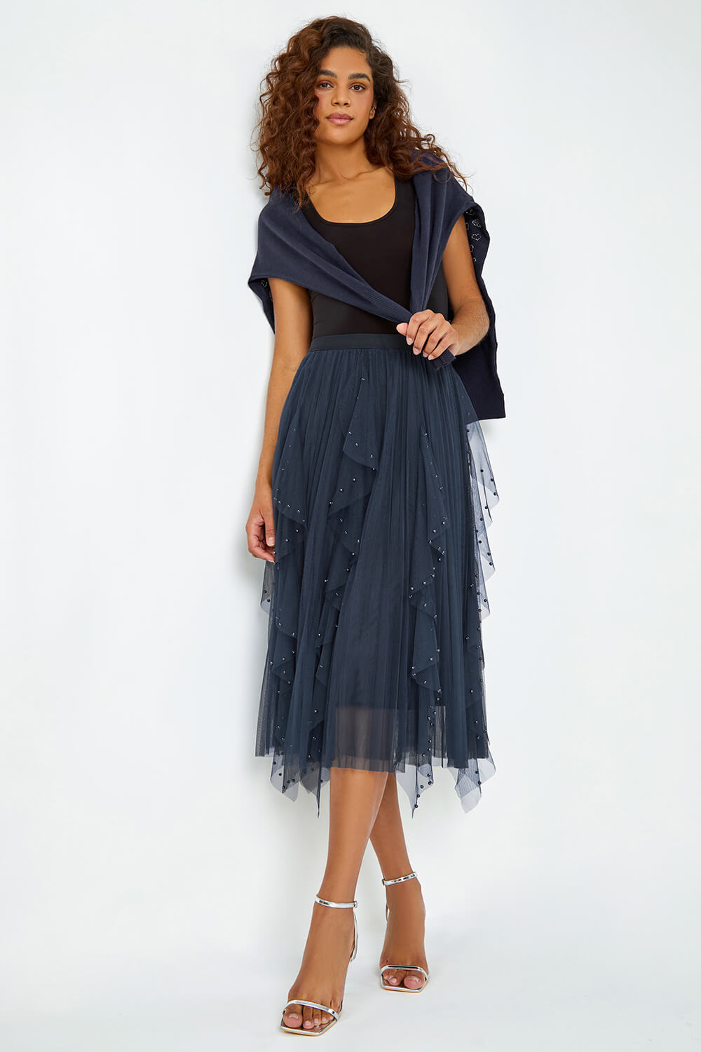 Midnight Blue Elasticated Pearl Mesh Layered Skirt, Image 1 of 5
