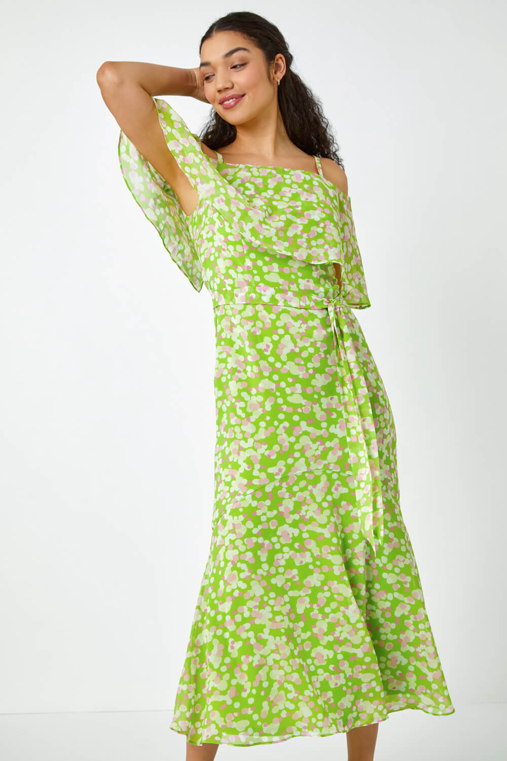 Lime Spot Print Overlay Chiffon Maxi Dress, Image 2 of 5