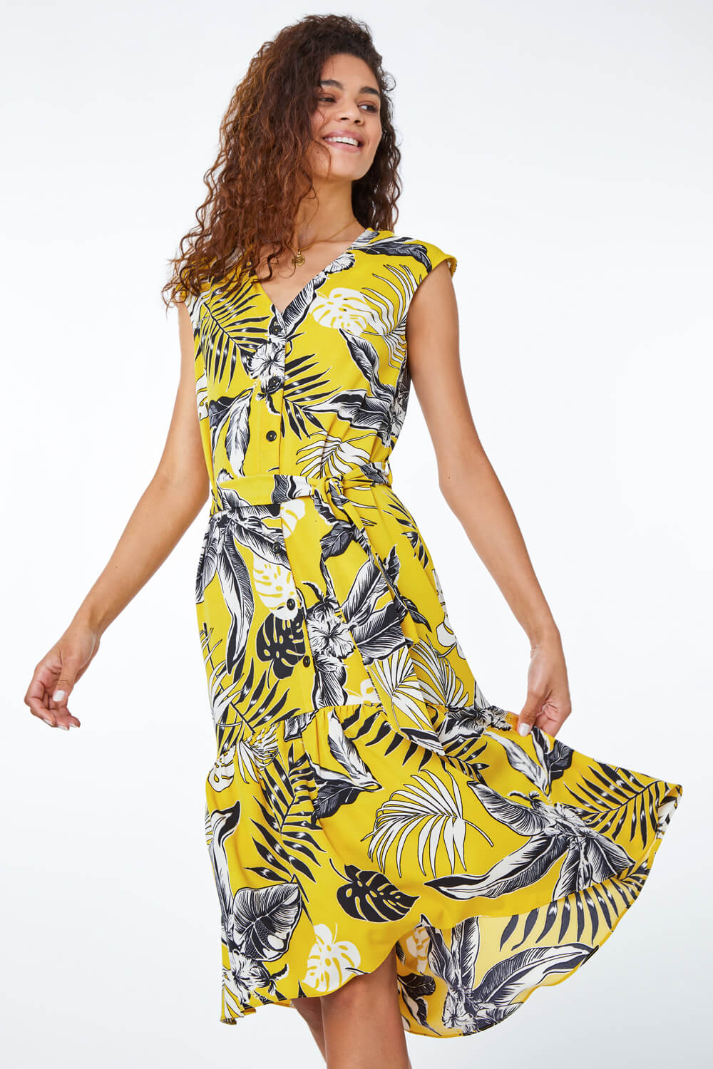 Yellow Tropical Print Dipped Hem Dress, Image 1 of 5