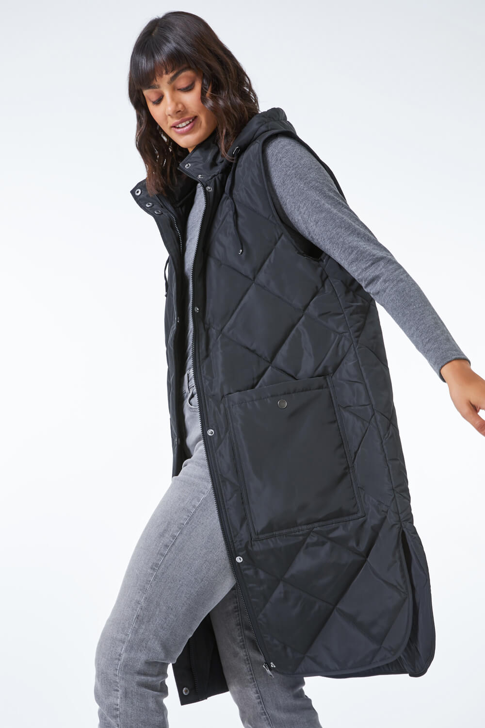 Black Quilted Longline Hooded Gilet , Image 3 of 6