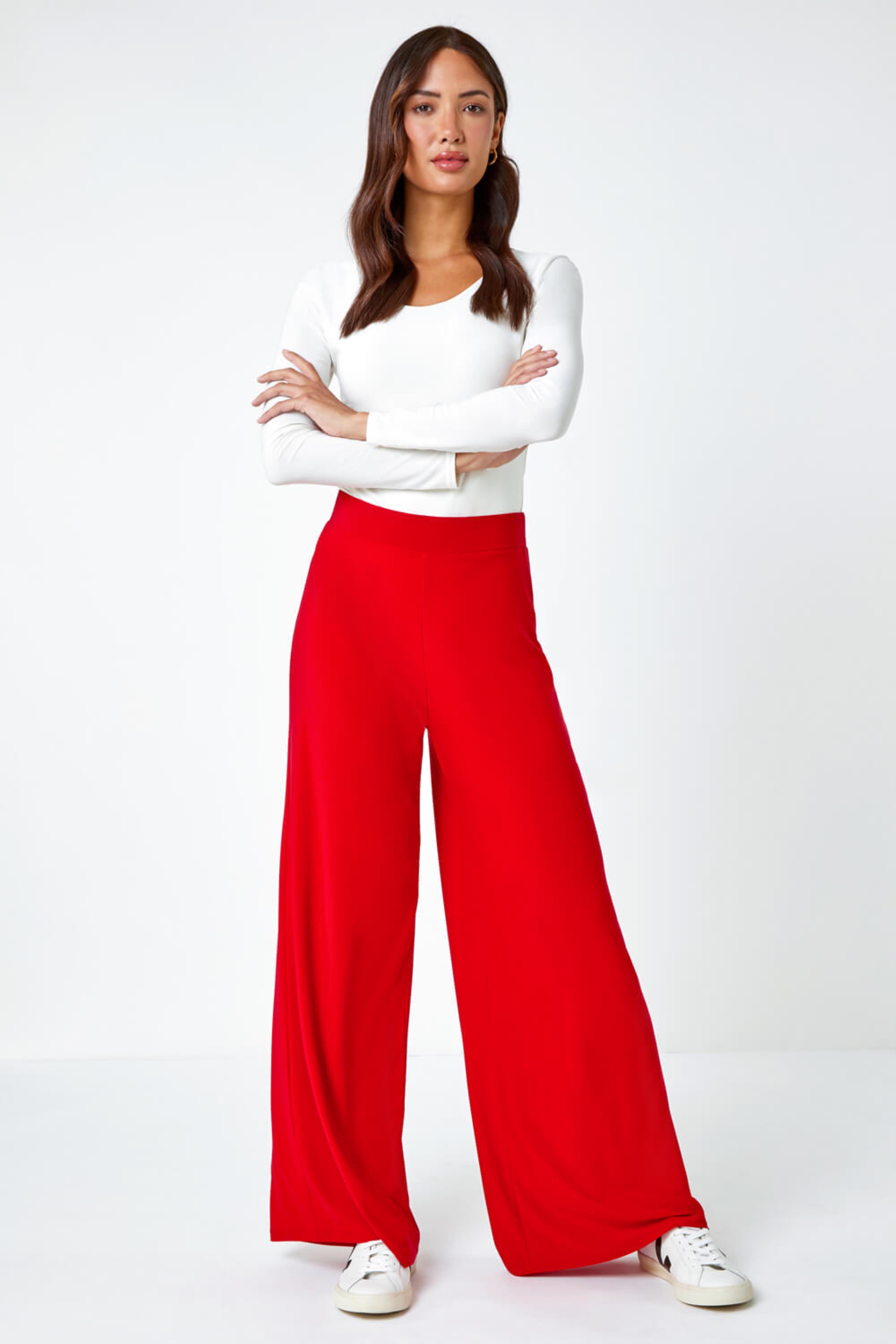 Red Wide Leg Stretch Trousers, Image 2 of 5