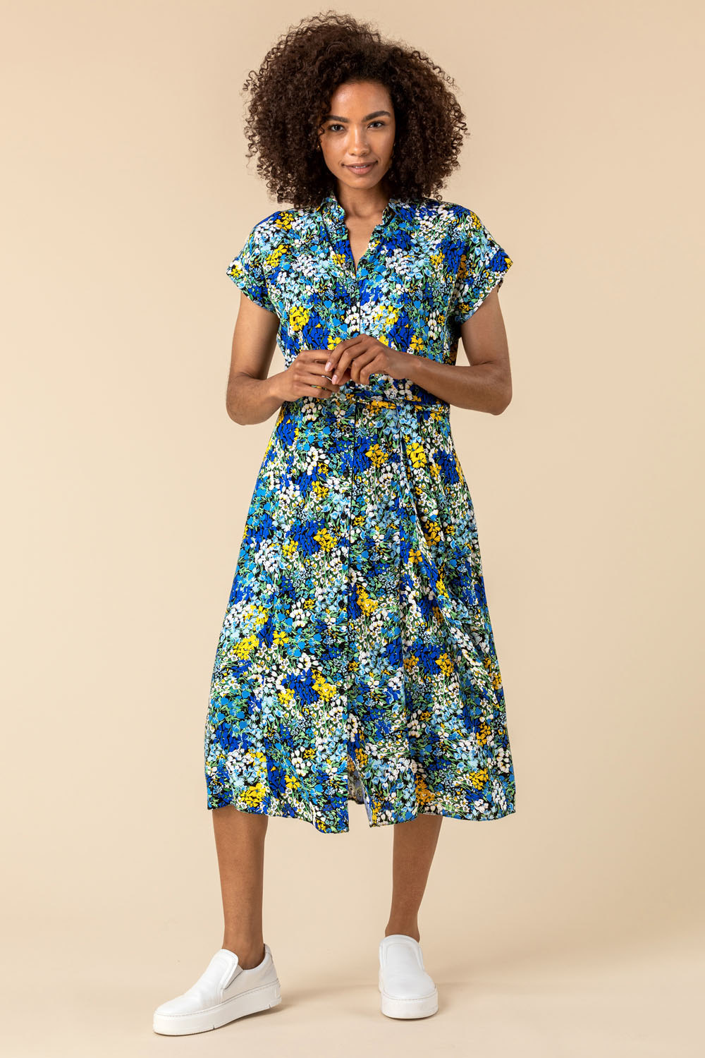 Blue Contrast Floral Print Shirt Dress, Image 3 of 5